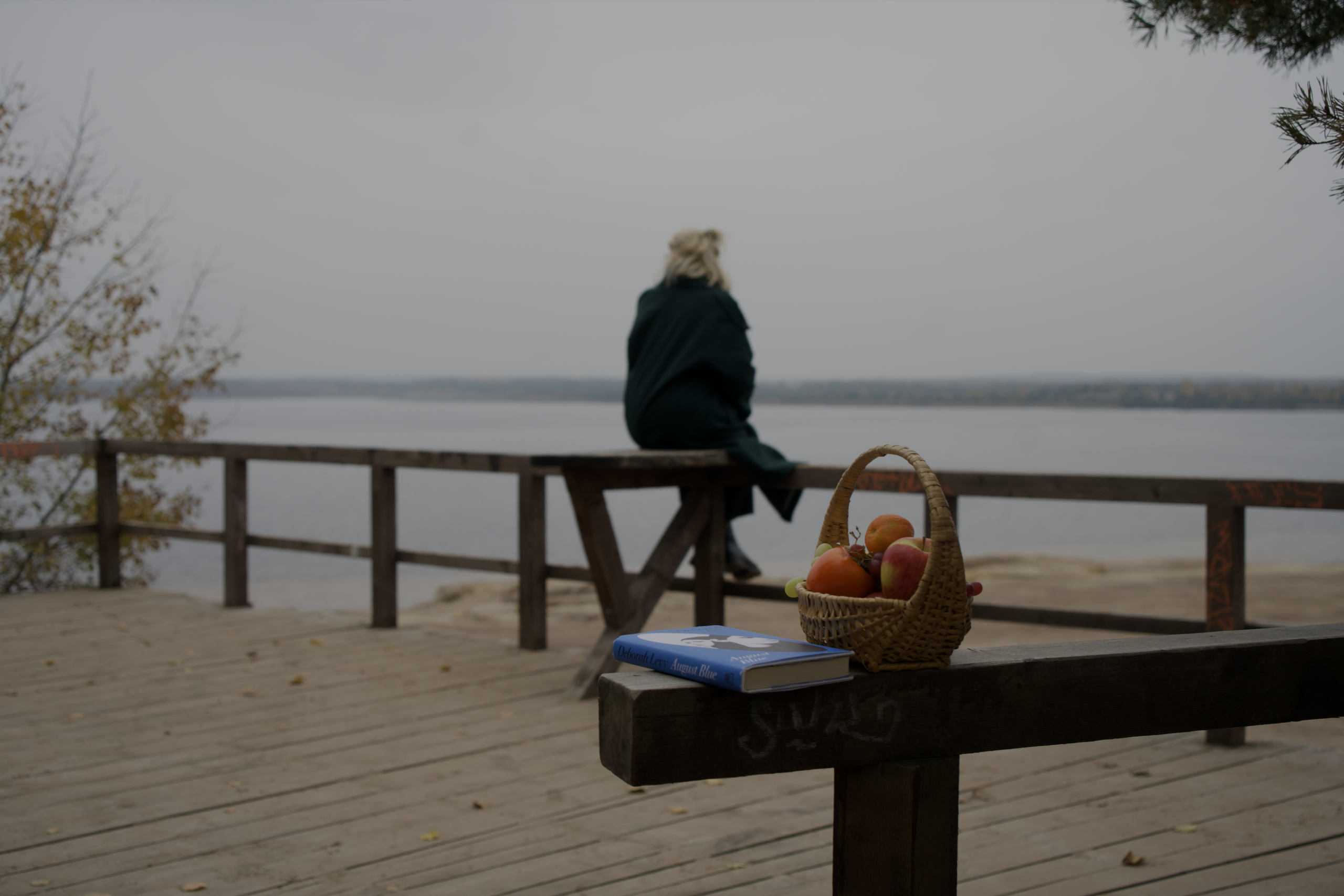 Eine Person sitzt am See und schaut in die Ferne